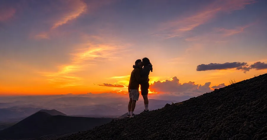 Two hikers in silhouette on a slope of Etna against an orange sunset sky